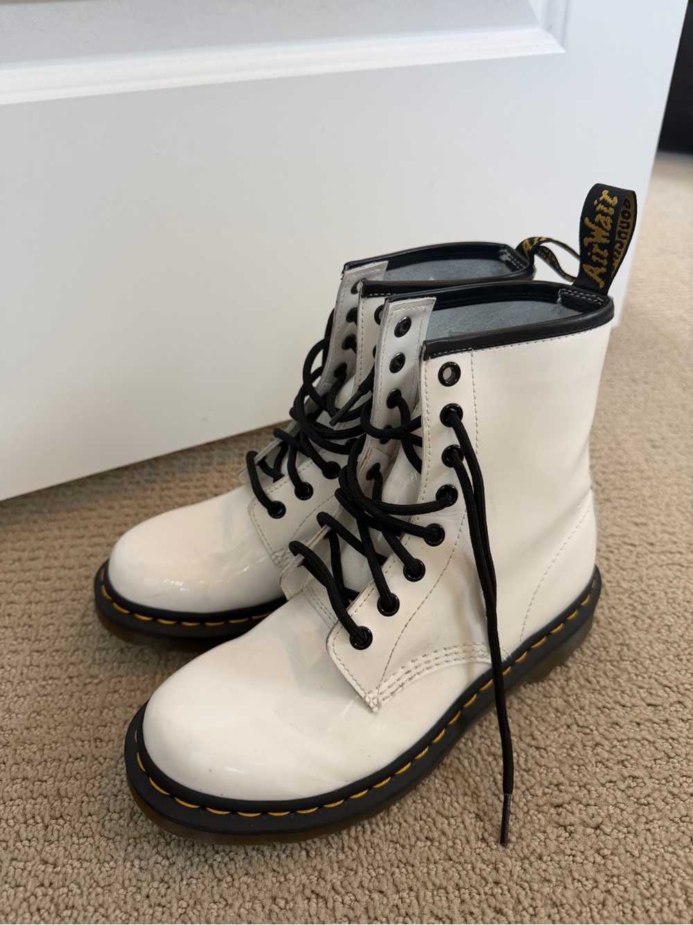 Dr. Martens White Patent 8-Eye Lace-Up Boots with Black Trim